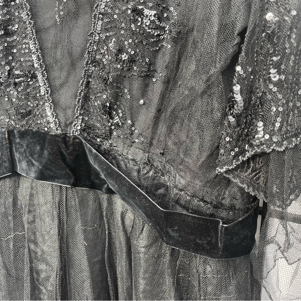 Antique 1910s Black Silk Tulle Beaded Sequin Edwardian Mourning Gibson Girl Gown - Picture 7 of 16